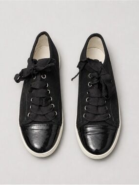 Lanvin Paris Black suede Patent Cap Toe Sneakers Ribbon Laces EU 38